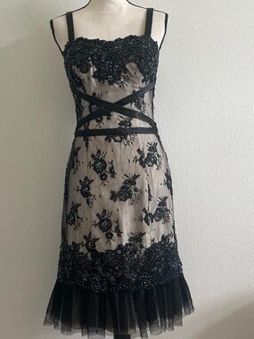 La femme black Lace & Nude Overlay Midi Dress